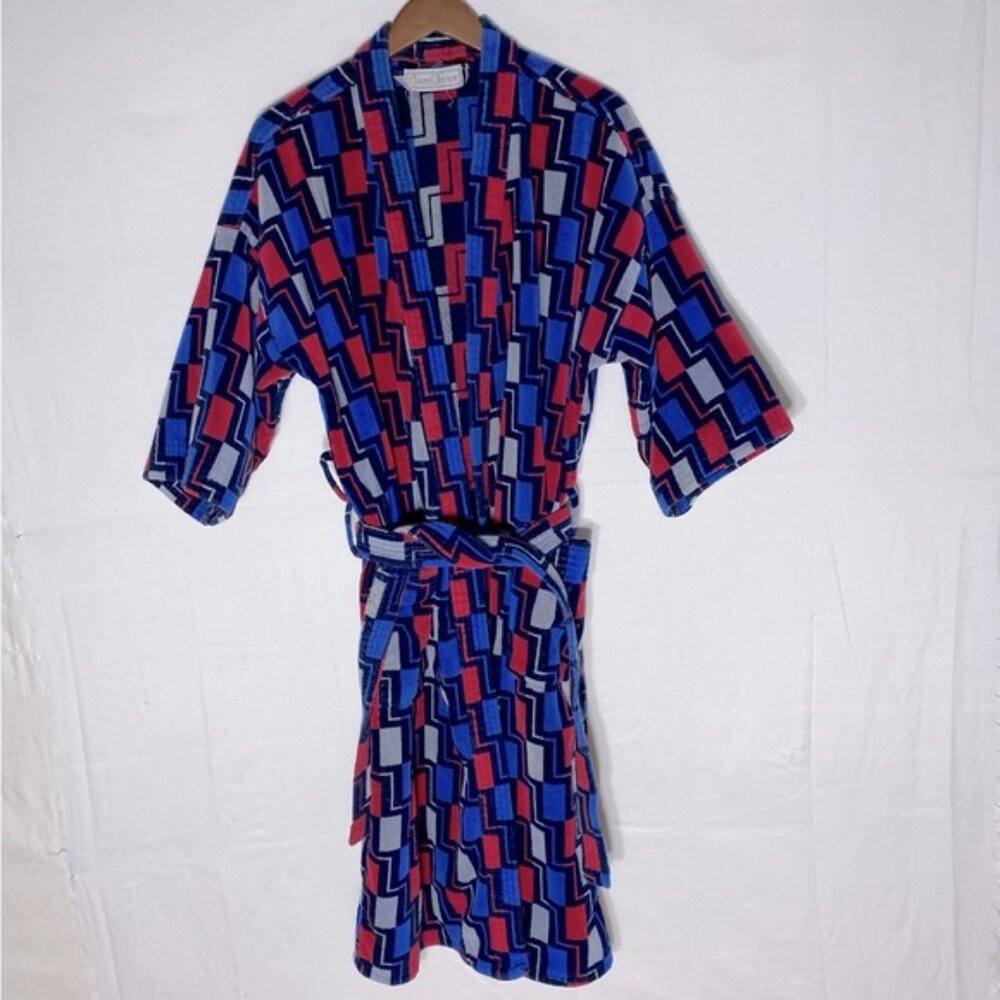 Vintage Charter Collection Blue Red Cotton Terry Cloth Robe L